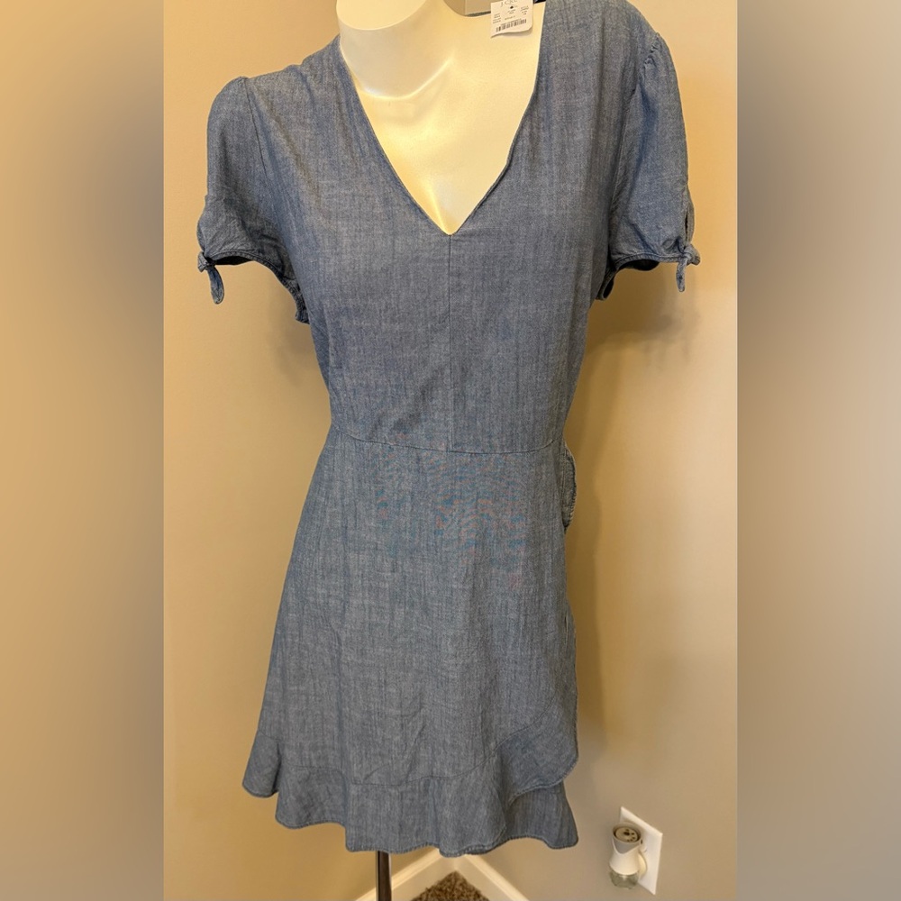 NEW J. Crew Chambray Faux-wrap Dress Size 18 Blue Mini Denim V Neck Tie Sleeve